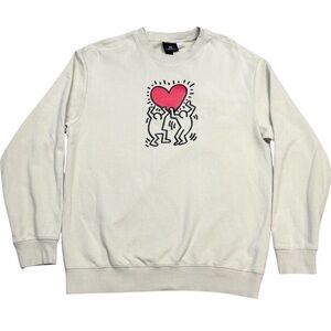 H&M + Keith Haring Beige Relaxed Fit With Heart Graphic Crew Neck Sweatshirt M